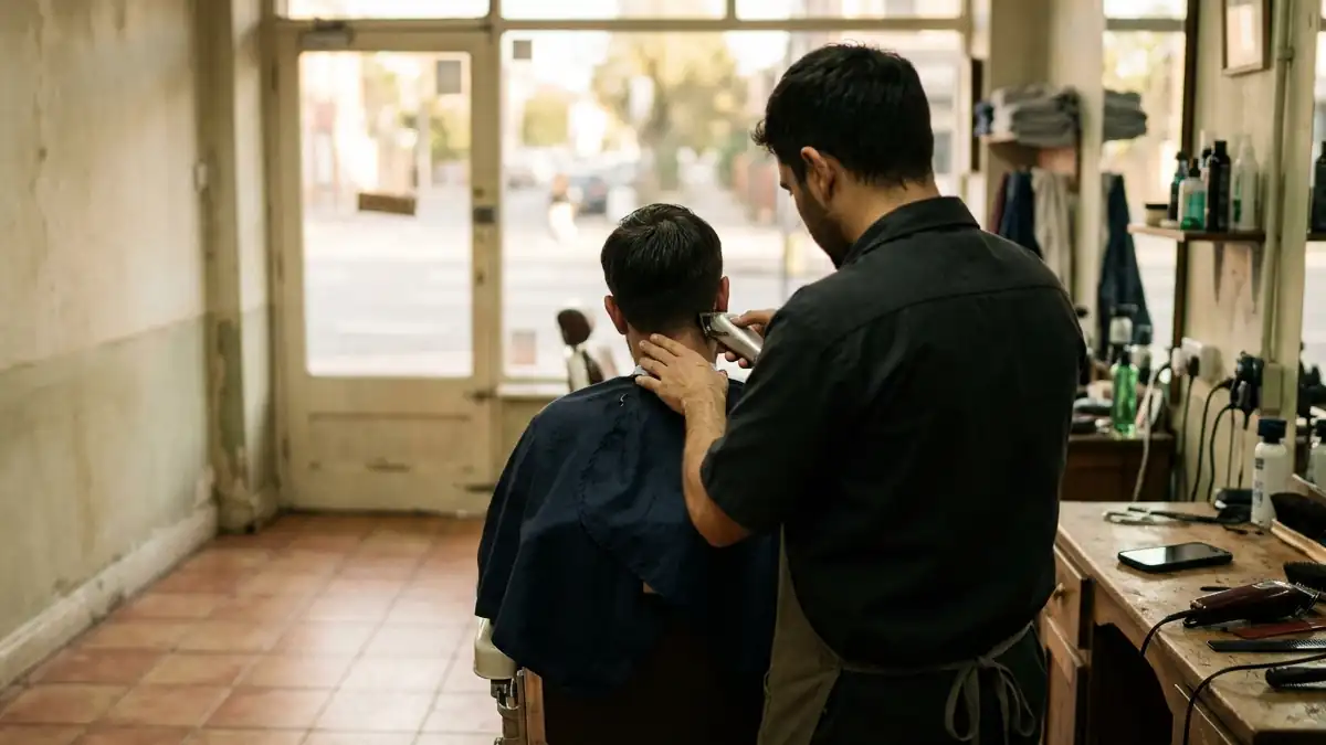 A barber part-way through a haircut in a small shop, a phone left face-up on the counter
