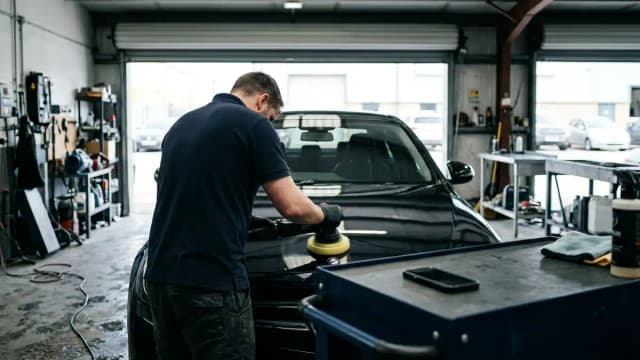 A detailer polishing a car in a small workshop bay, a phone left on the tool chest