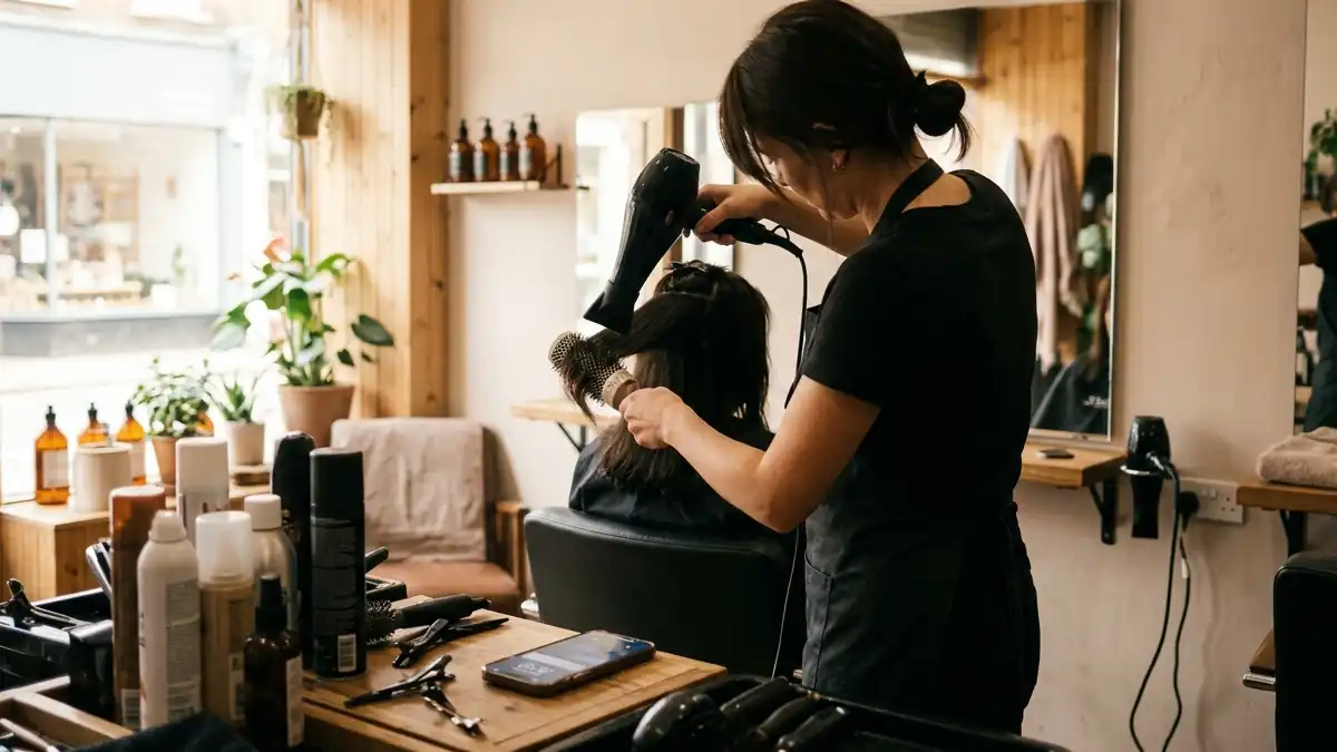 A stylist blow-drying a client's hair with both hands full, at the chair in a small salon